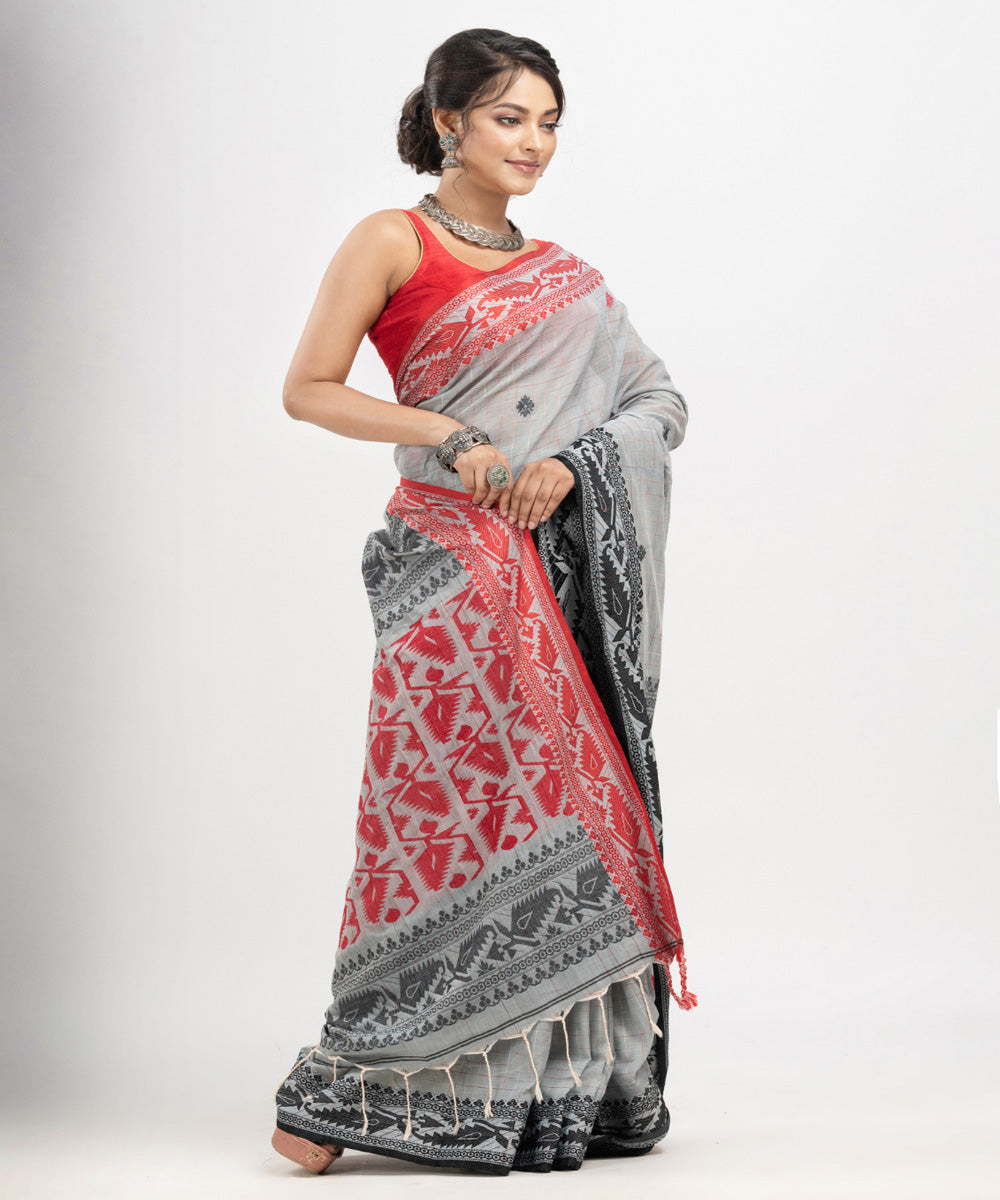 Pearl grey red cotton jacquard handloom saree