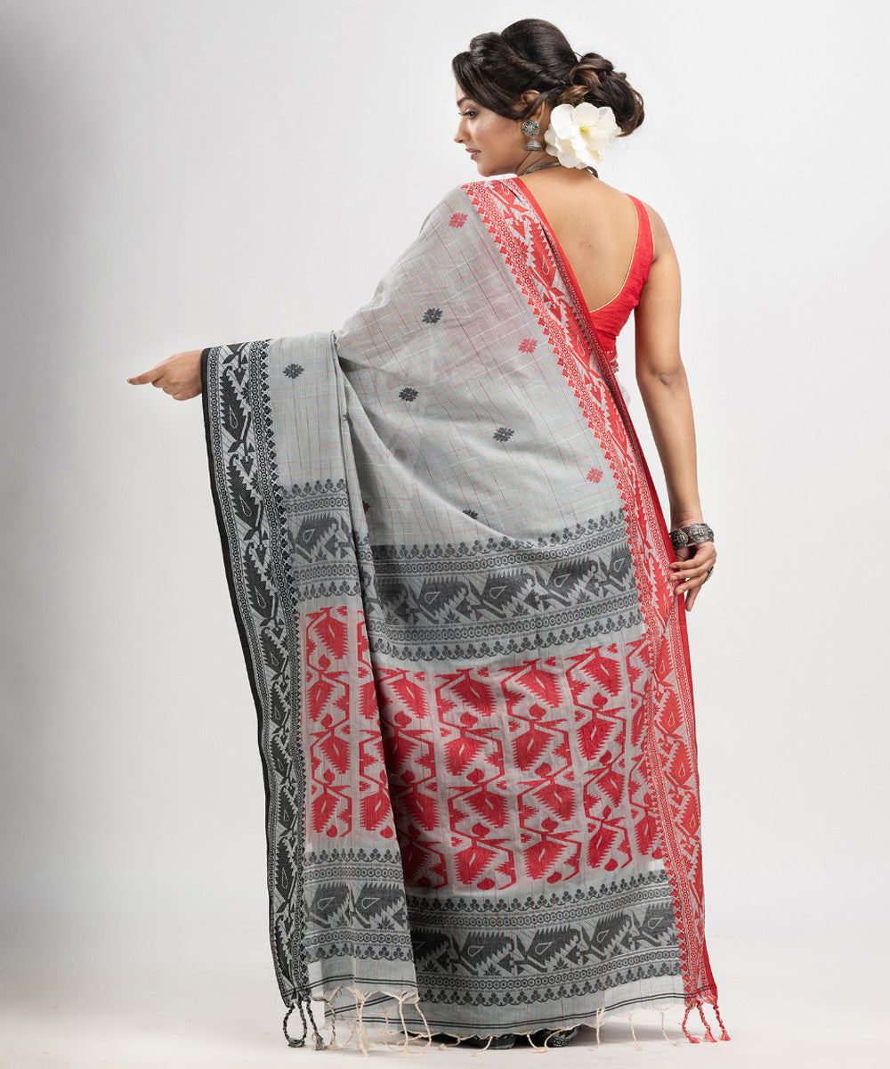 Pearl grey red cotton jacquard handloom saree