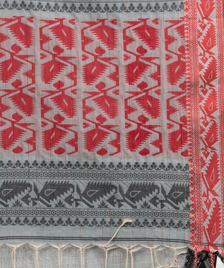 Pearl grey red cotton jacquard handloom saree