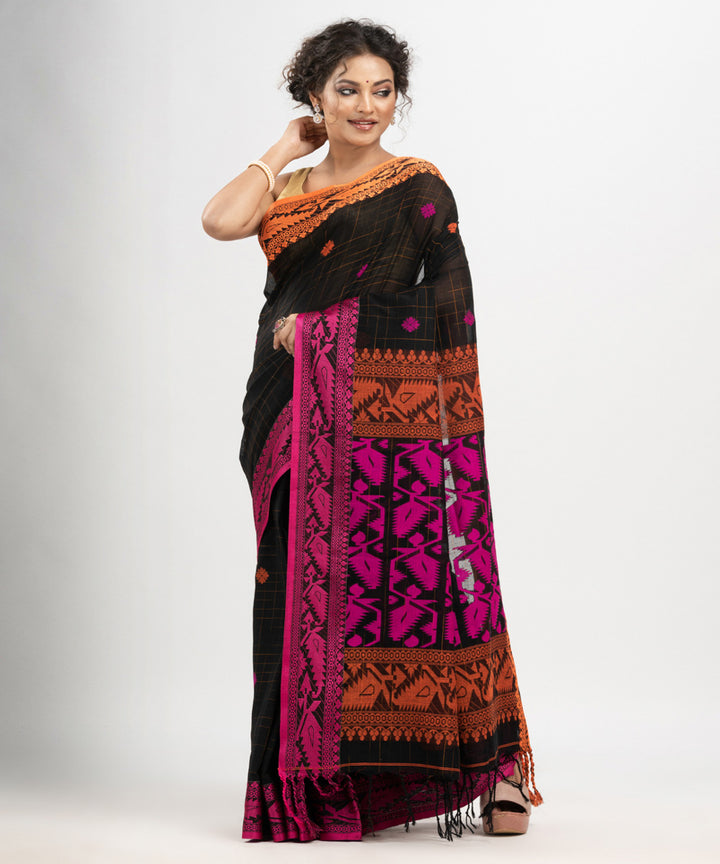 Black pink cotton jacquard handloom saree