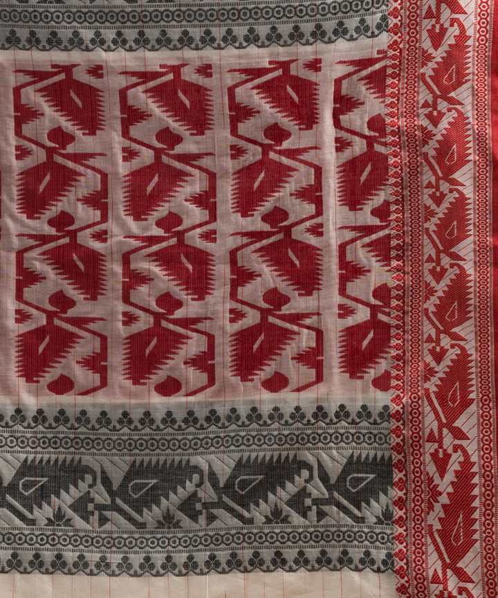 White grey red cotton jacquard handloom saree