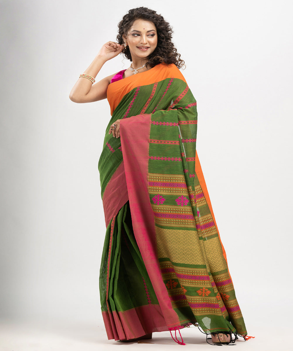 Jungle green multicolor cotton jacquard handloom saree