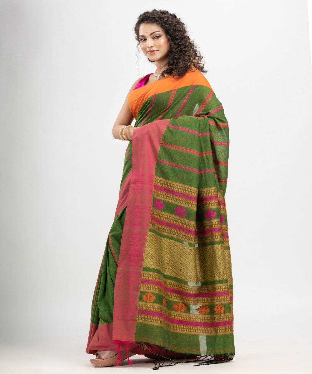 Jungle green multicolor cotton jacquard handloom saree