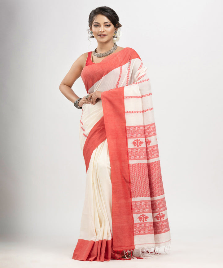 White red cotton jacquard bengal handloom saree