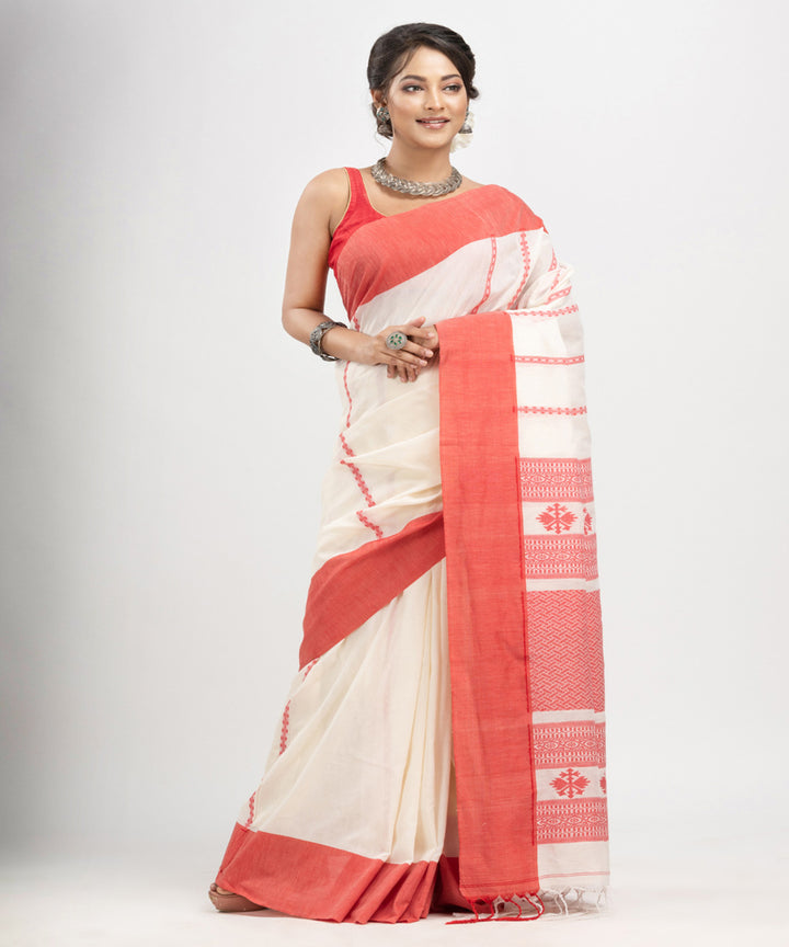 White red cotton jacquard bengal handloom saree