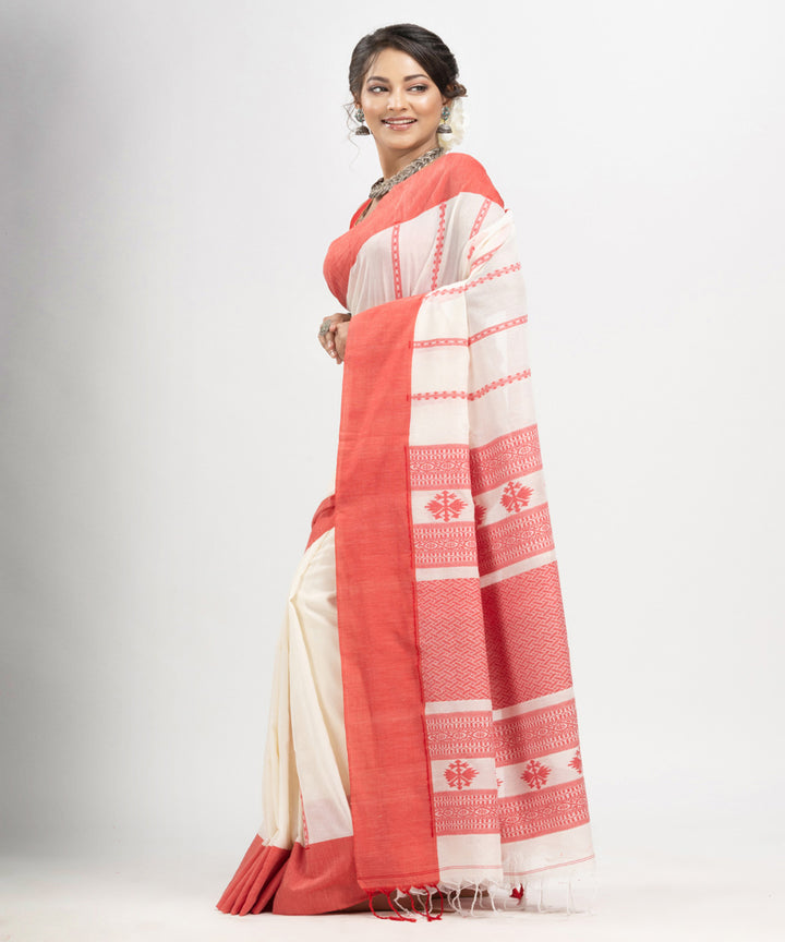 White red cotton jacquard bengal handloom saree
