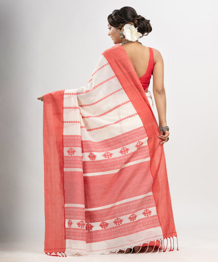 White red cotton jacquard bengal handloom saree