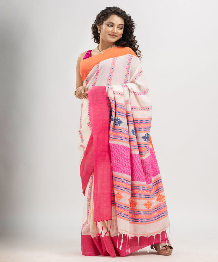 White pink multicolor cotton jacquard handloom saree