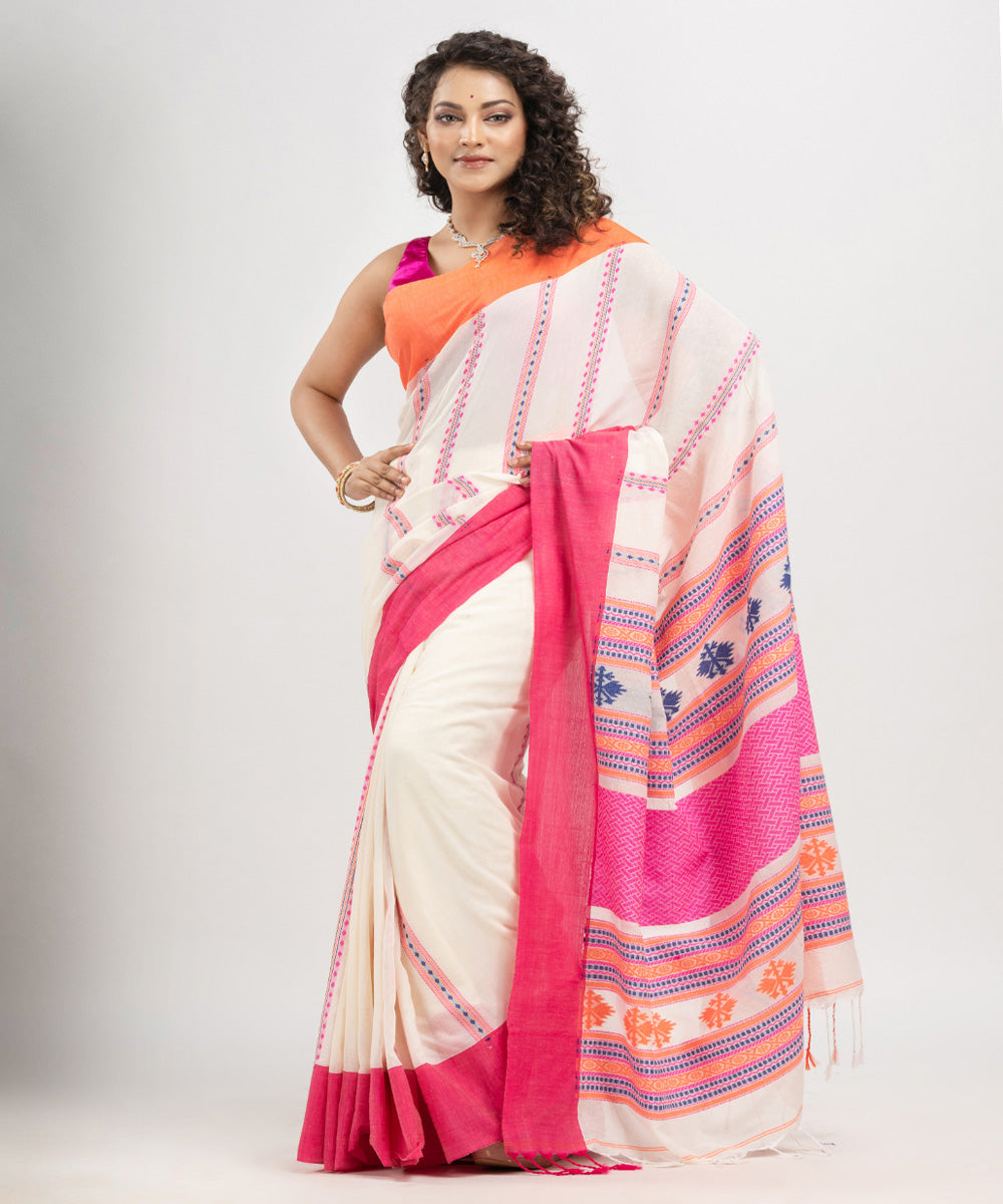 White pink multicolor cotton jacquard handloom saree