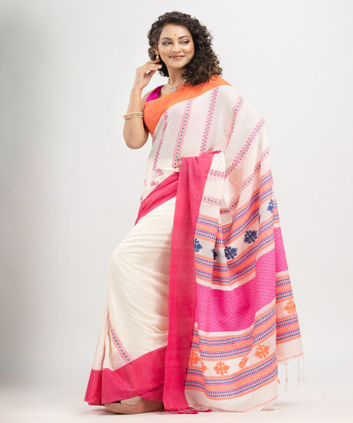 White pink multicolor cotton jacquard handloom saree