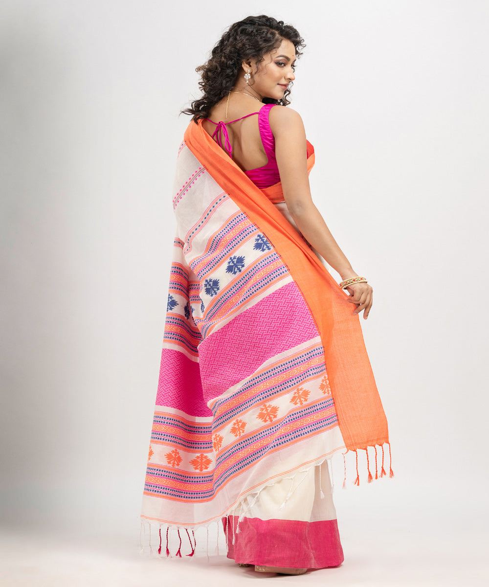 White pink multicolor cotton jacquard handloom saree