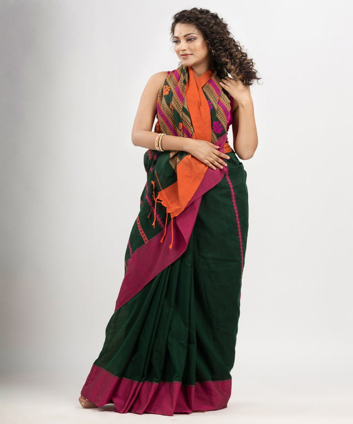 Bottle green multicolor cotton jacquard handloom saree