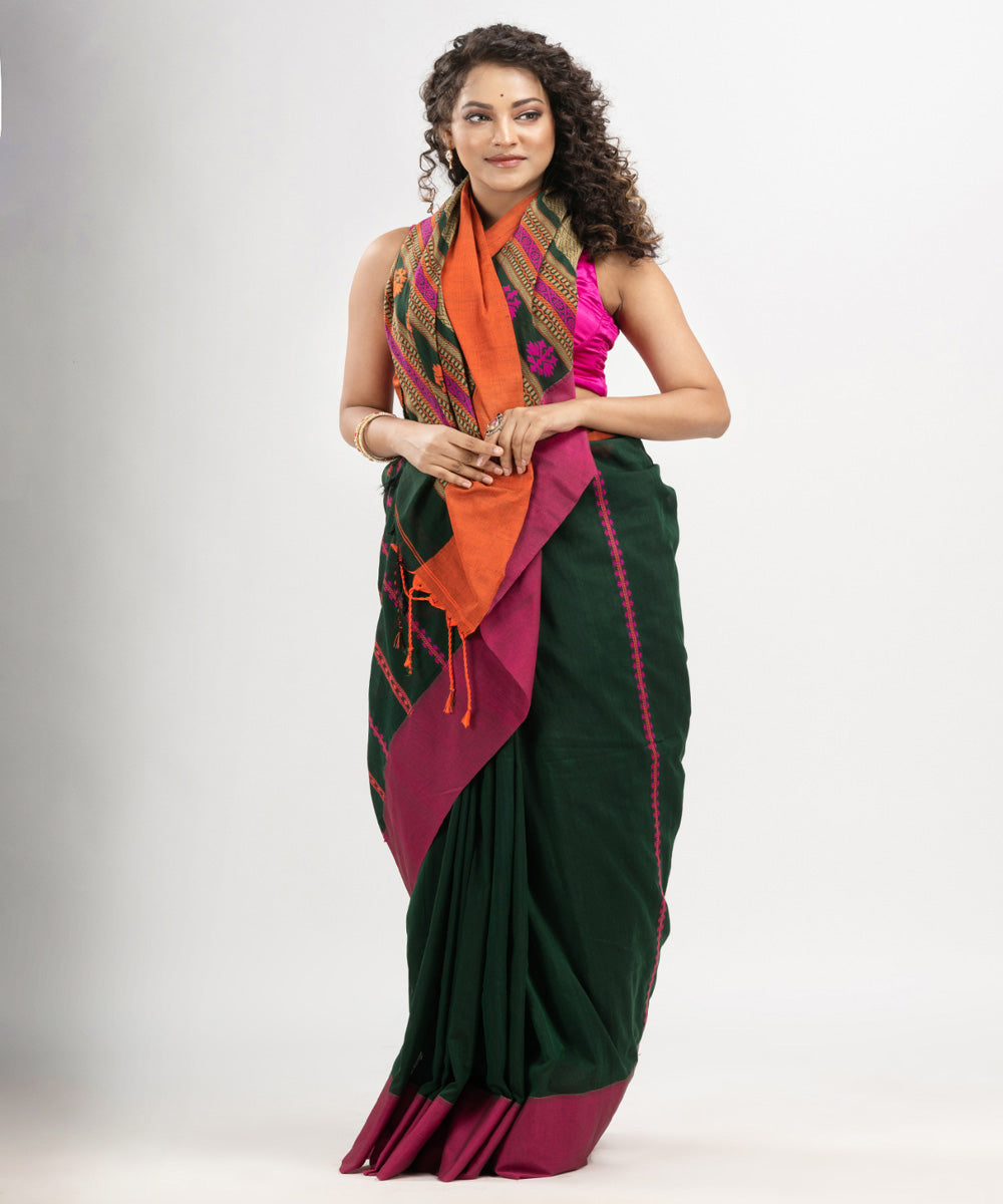 Bottle green multicolor cotton jacquard handloom saree