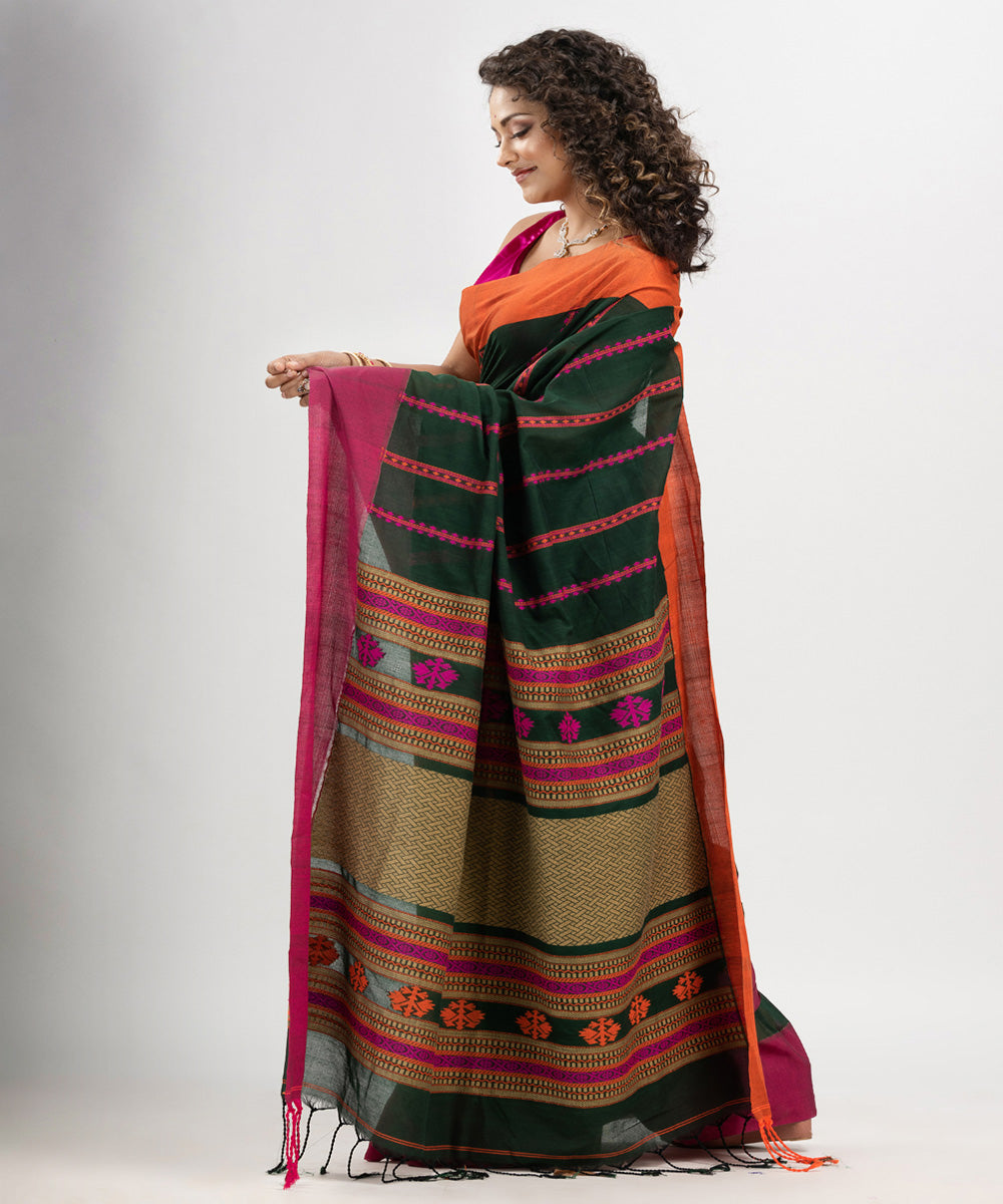 Bottle green multicolor cotton jacquard handloom saree