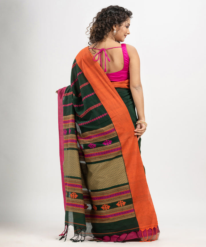 Bottle green multicolor cotton jacquard handloom saree