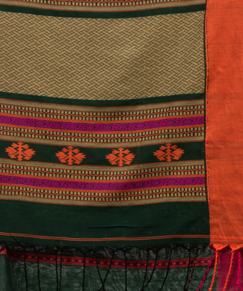 Bottle green multicolor cotton jacquard handloom saree