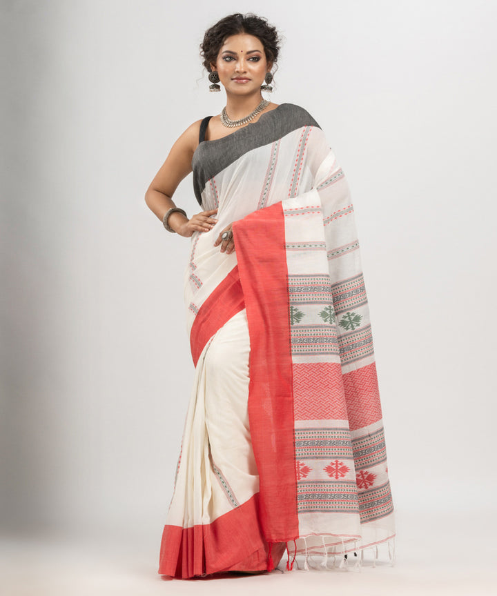 White red grey cotton jacquard handloom saree