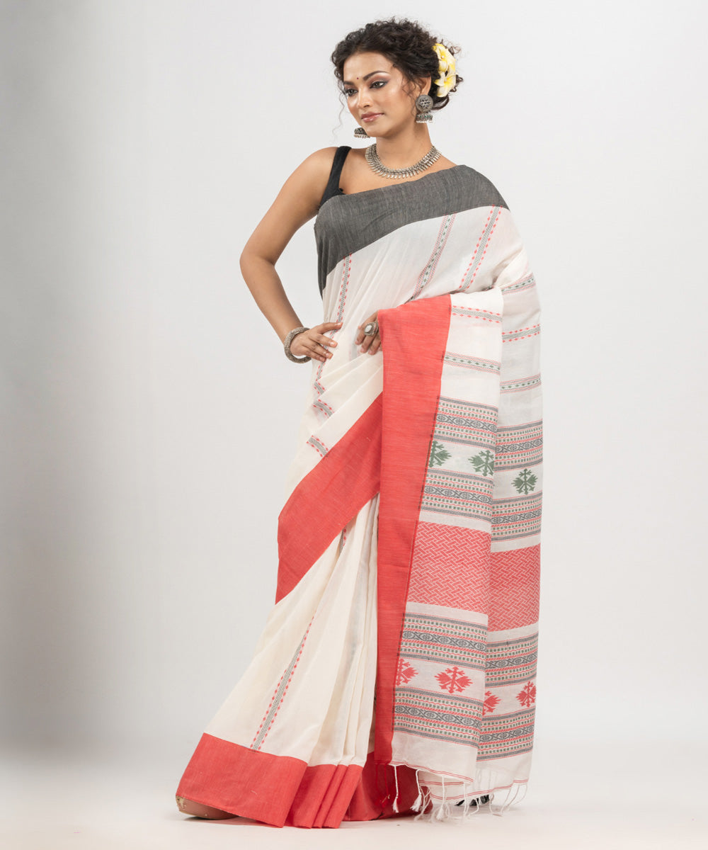 White red grey cotton jacquard handloom saree