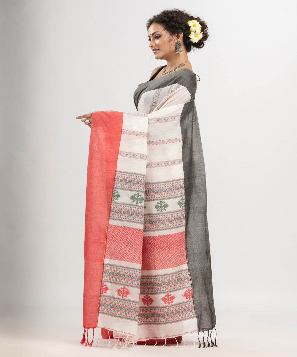 White red grey cotton jacquard handloom saree