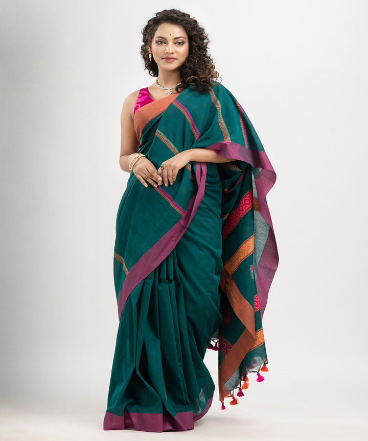 Teal green multicolor cotton jacquard handloom saree