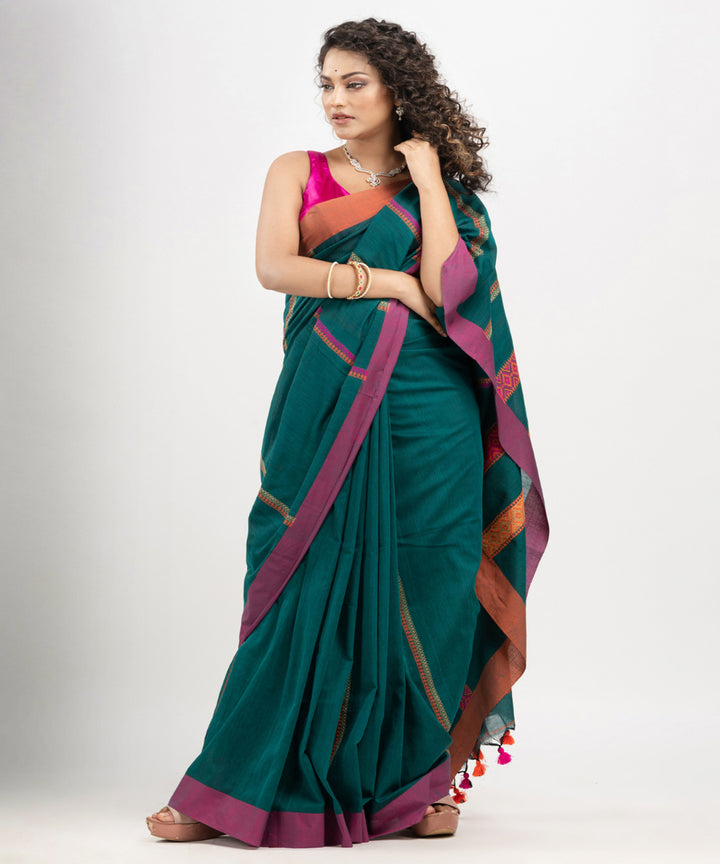 Teal green multicolor cotton jacquard handloom saree