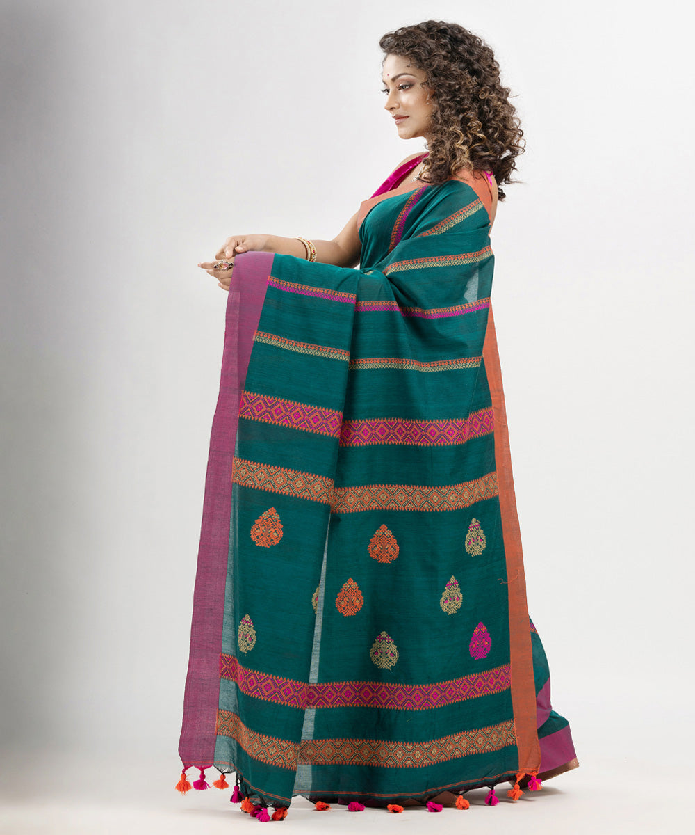 Teal green multicolor cotton jacquard handloom saree