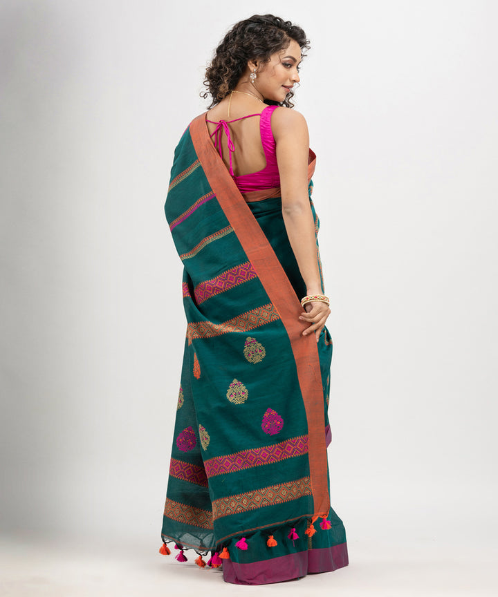 Teal green multicolor cotton jacquard handloom saree