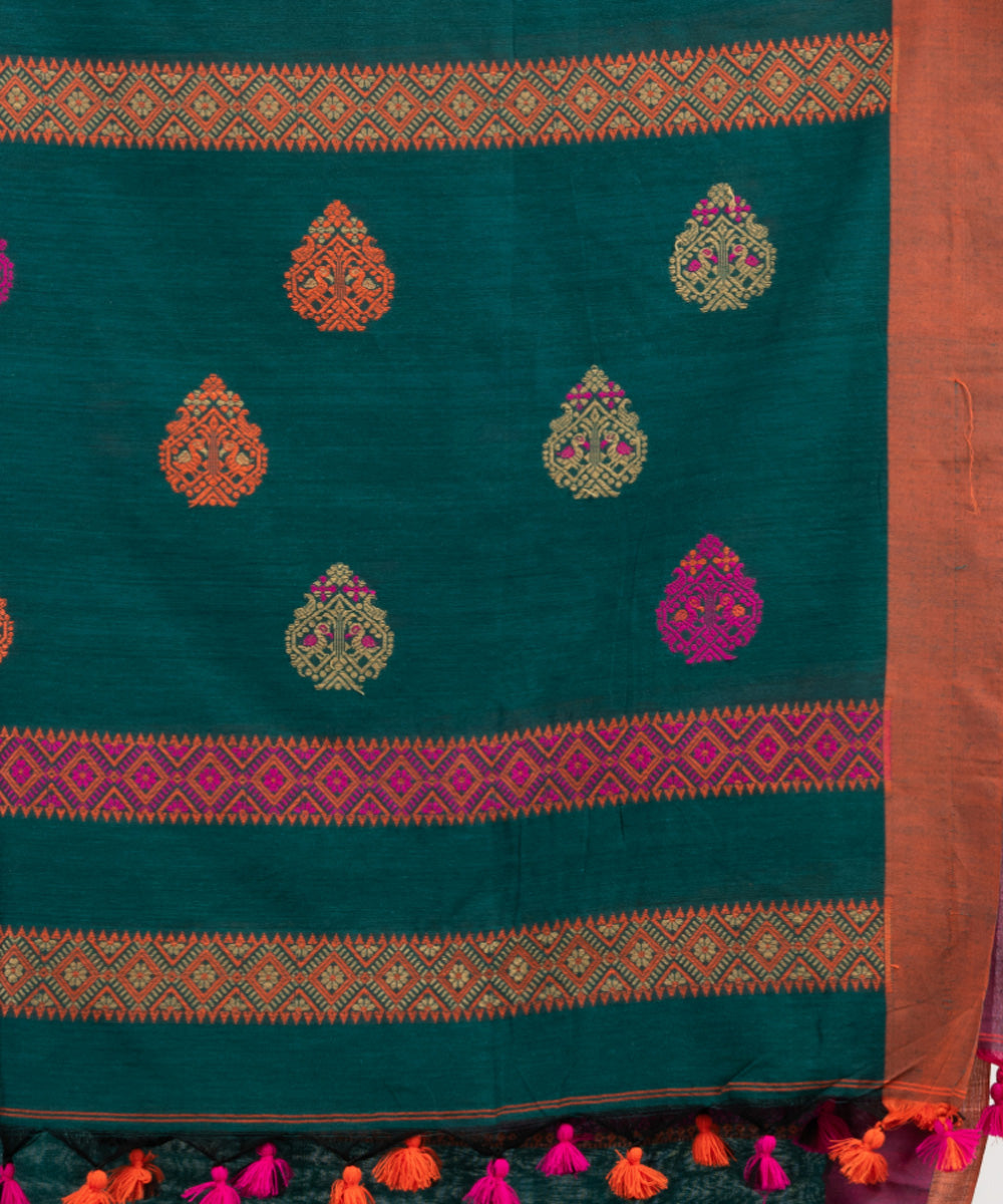 Teal green multicolor cotton jacquard handloom saree