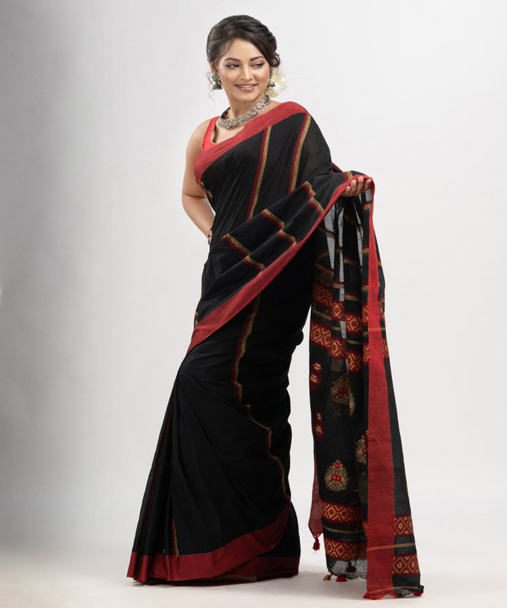 Black red multicolor cotton jacquard handloom saree