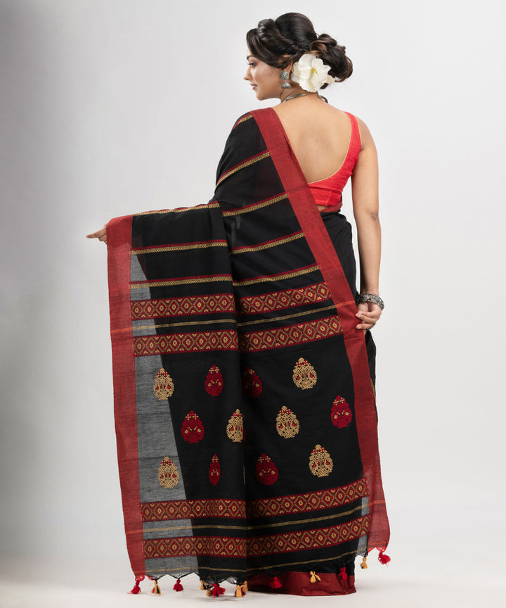 Black red multicolor cotton jacquard handloom saree