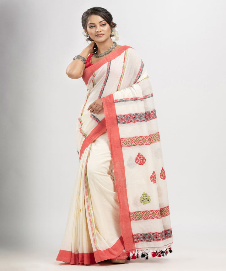 White red multicolor cotton jacquard handloom saree