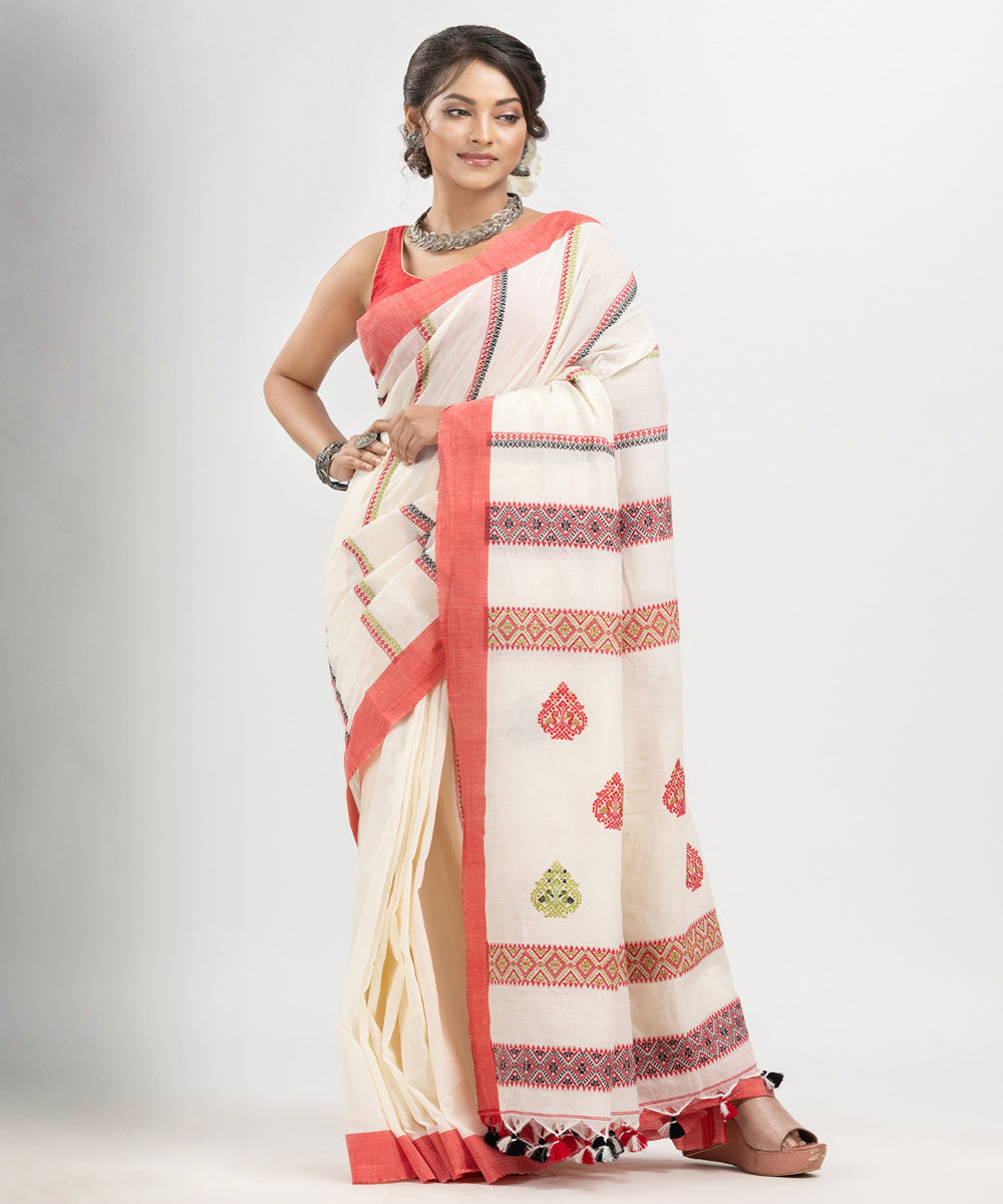 White red multicolor cotton jacquard handloom saree