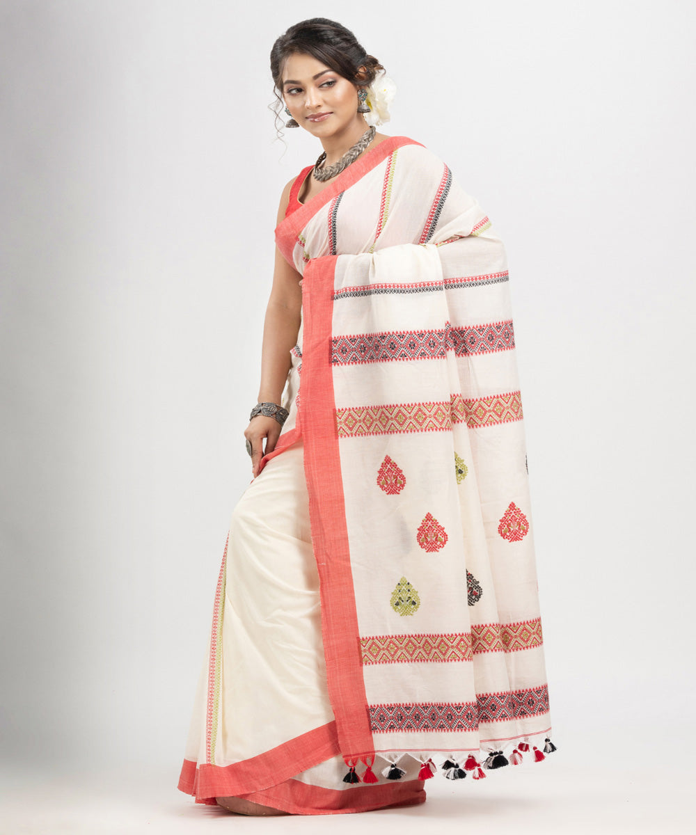 White red multicolor cotton jacquard handloom saree