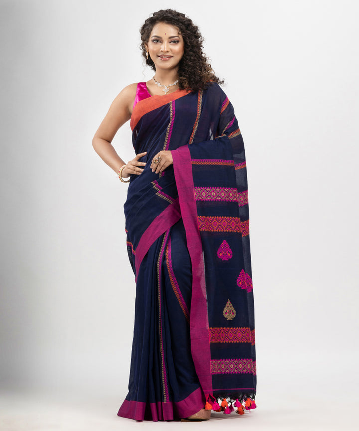 Navy blue magenta cotton jacquard handloom saree