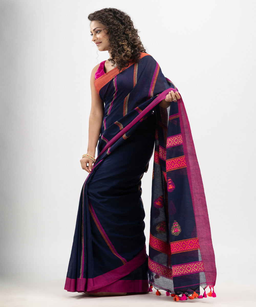 Navy blue magenta cotton jacquard handloom saree