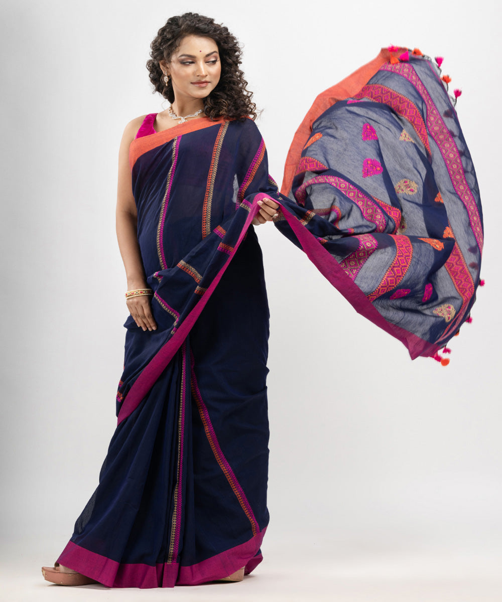 Navy blue magenta cotton jacquard handloom saree