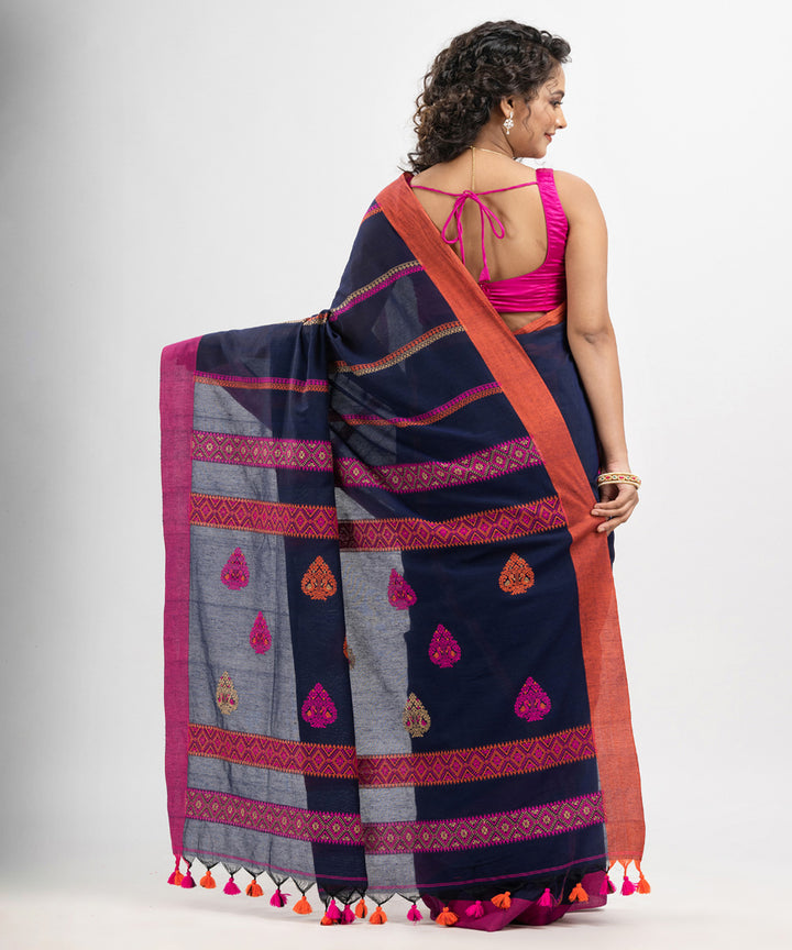 Navy blue magenta cotton jacquard handloom saree