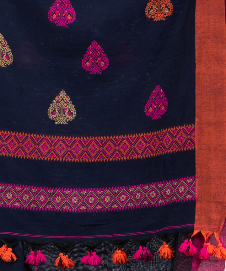 Navy blue magenta cotton jacquard handloom saree
