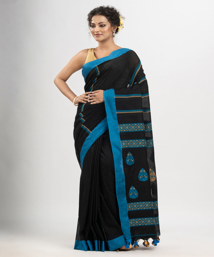 Black blue cotton jacquard handloom saree