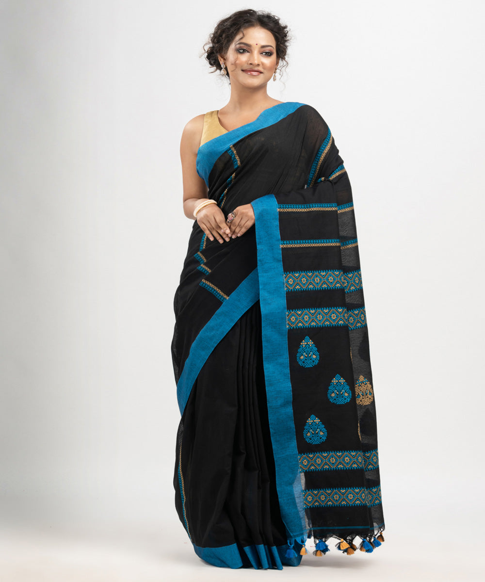 Black blue cotton jacquard handloom saree