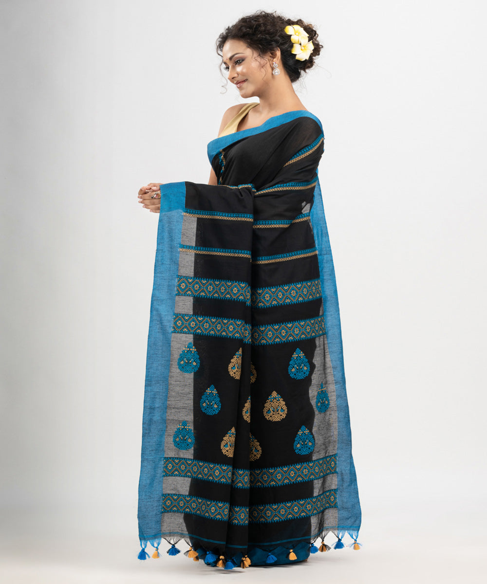 Black blue cotton jacquard handloom saree