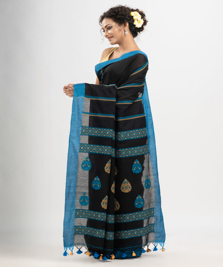 Black blue cotton jacquard handloom saree