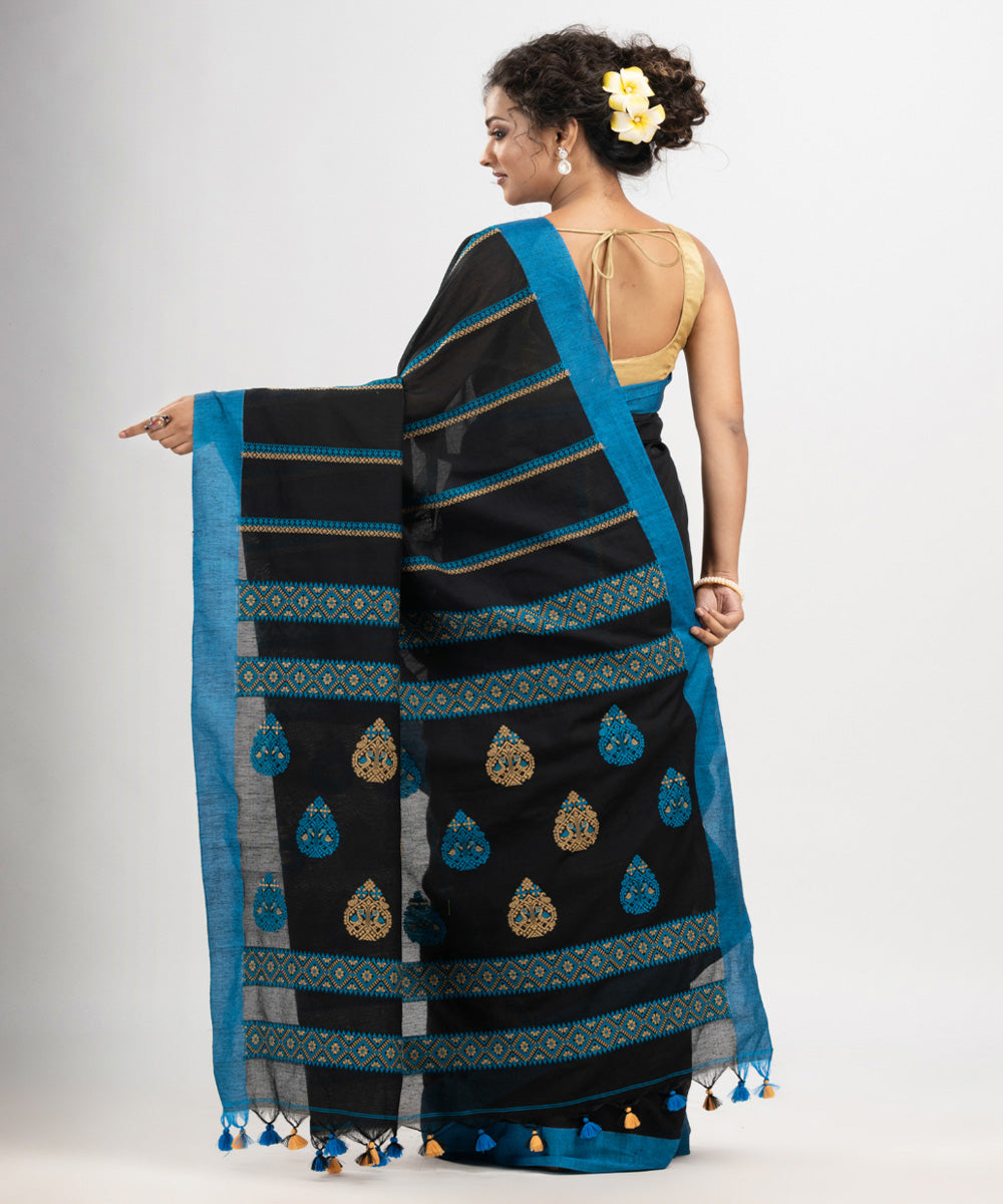 Black blue cotton jacquard handloom saree