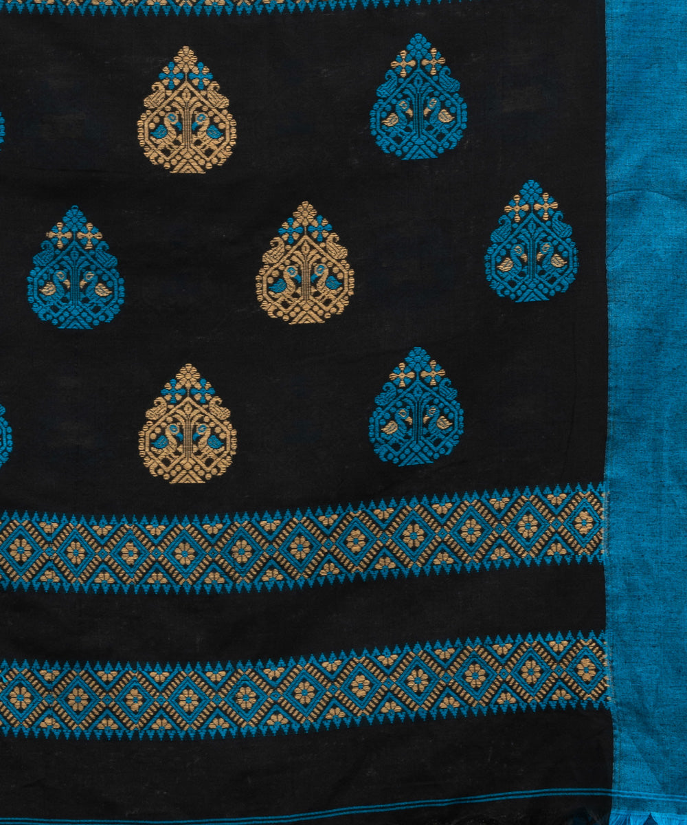 Black blue cotton jacquard handloom saree