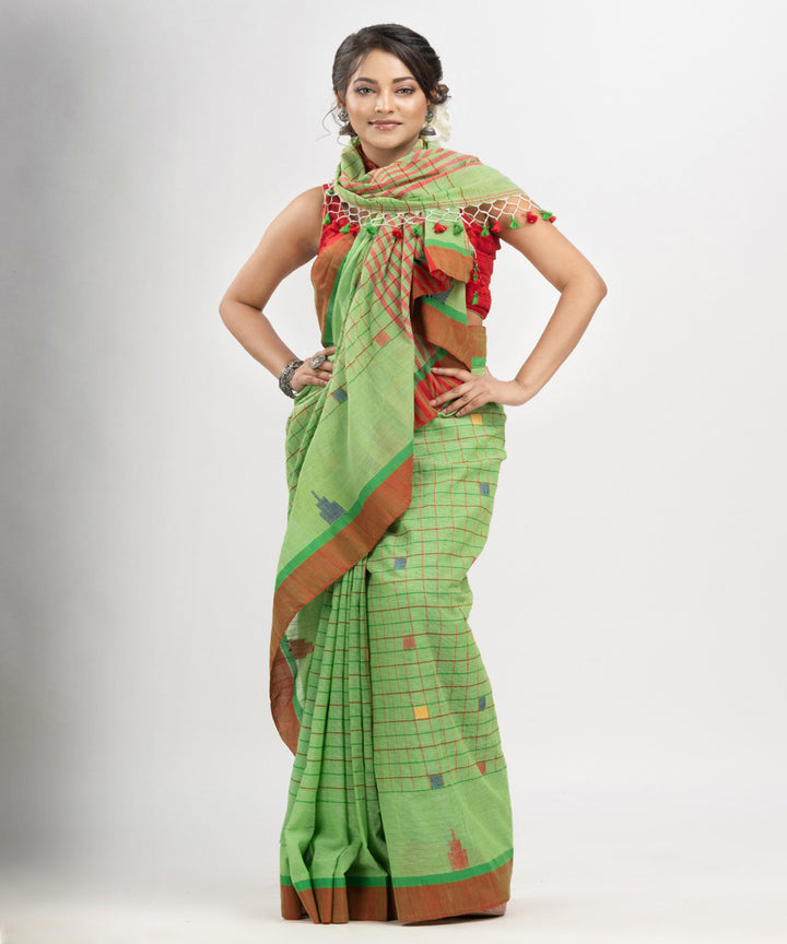 Lime green red cotton checks handloom bengal saree