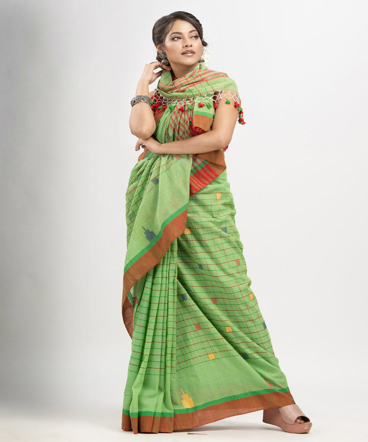 Lime green red cotton checks handloom bengal saree