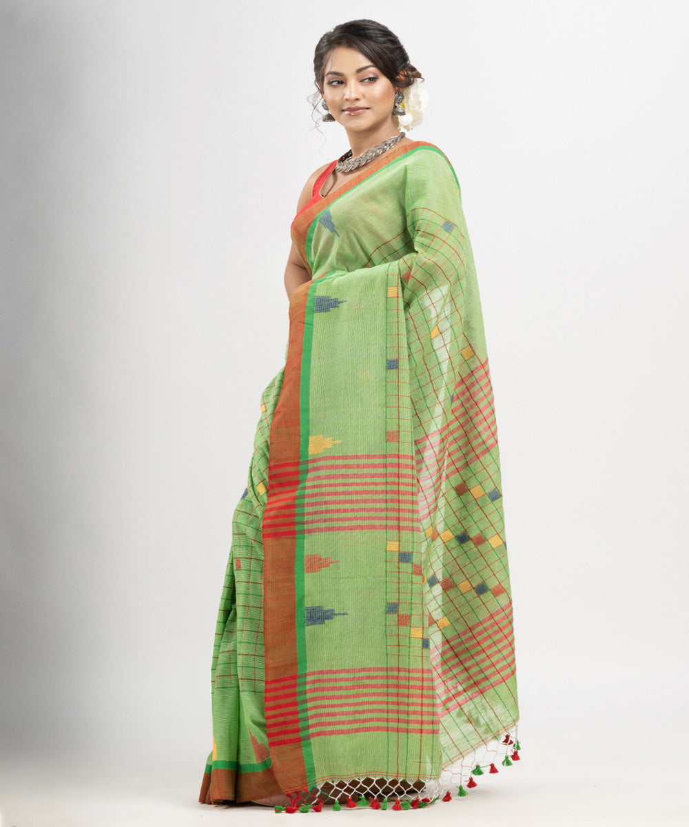 Lime green red cotton checks handloom bengal saree