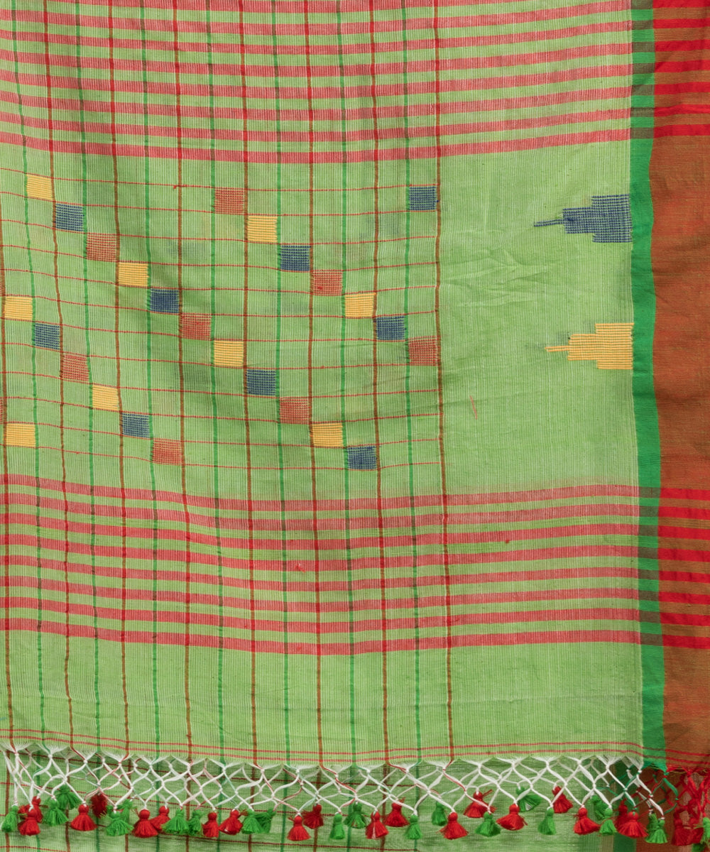 Lime green red cotton checks handloom bengal saree