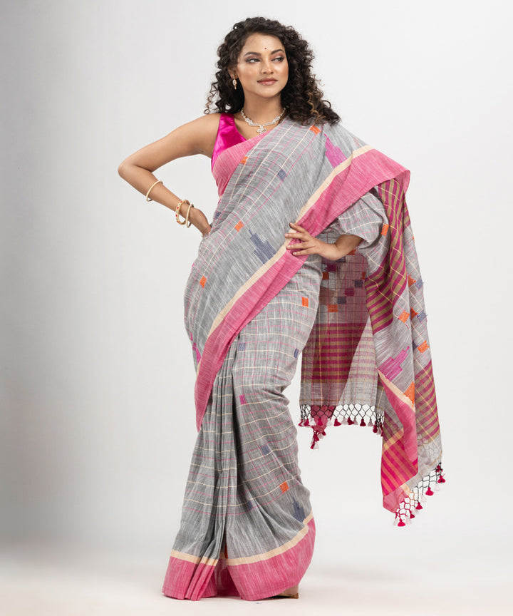 Silver pink cotton checks handloom bengal saree