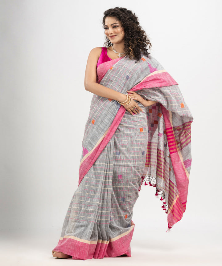 Silver pink cotton checks handloom bengal saree